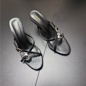 PrettyLittleThing Black Snake-Texture Strappy Slide Heels